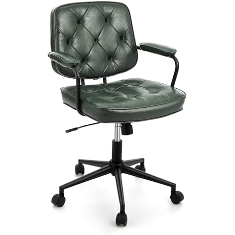 Home Office Desk Chair, Ergonomic Chair with Mid Back Lumbar Support,Height Adjustable PU Leather Computer Task with 360° Swivel Rolling Wheels, Green Cover