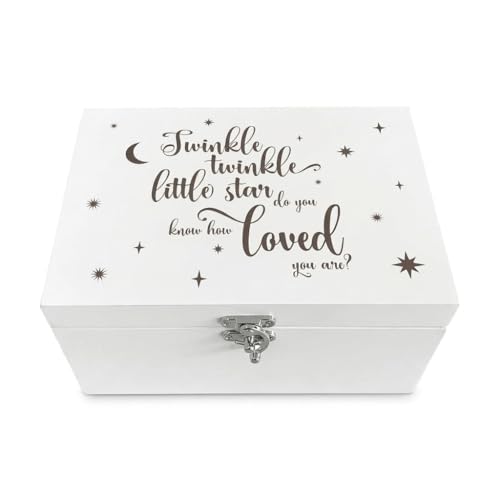 Twinkle Twinkle Little Star Do You Know How Loved You Are Engraved Baby Memory Box | White Wooden Keepsake Storage | Unisex Gift for New Parents Baby Shower & Newborn | 22cm x 15cm x 10cm