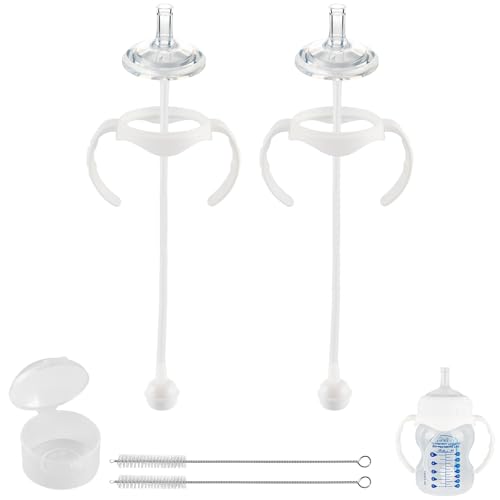 Sippy Straw Cup Conversion Kit for Dr Browns Wide-Neck Baby Bottles, Spill-Proof Transition Kit with Silicone Sippy Nipple, Weighted Straw, Handle, 2 Pack, 8m+