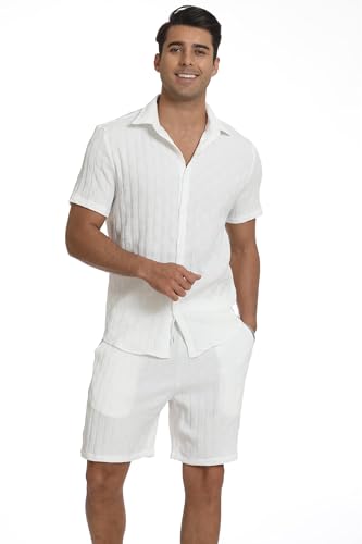 QJQ Men's 2 Piece Outfits Short Sleeve Button Down Shirts Texture Shorts4