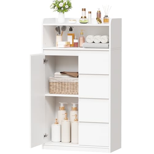 ANWBROAD Armario de Baño con 4 Cajones, 1 Puerta de Armario y Estantes Ajustables, Armario de Almacenamiento para Baño, Salón, Cocina, Blanco, 110 x 60 x 30 cm, SBC014W