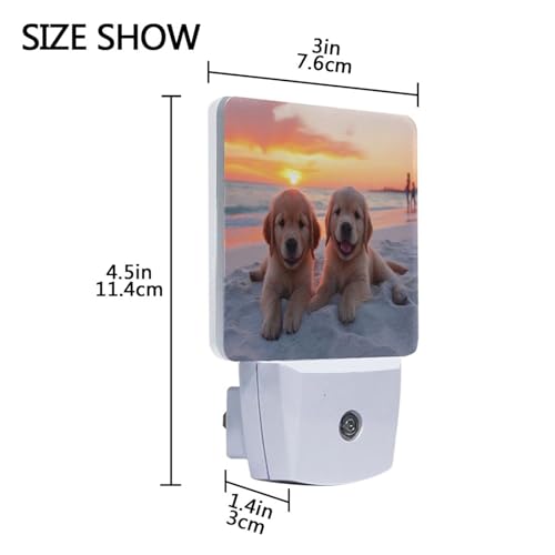 Image of Golden Retriever Puppy Dogs Night Lights 2 Pack Plug-in Wall Led Nightlight Auto Dusk-to-Dawn Sensor Lamps for Bedroom Kitchen Bathroom