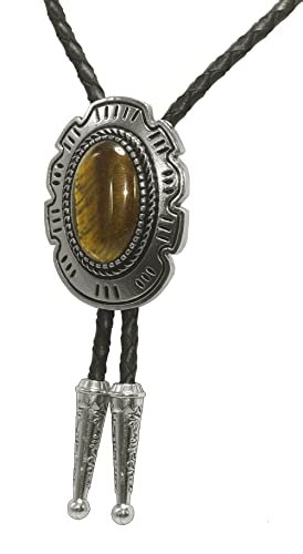 Image of Moranse Bolo Tie with Natural Tiger Eye Stone Celtic Style Genuine and Cowhide Rope