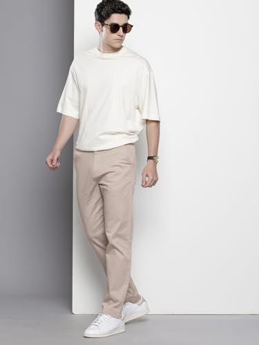 Image of The Indian Garage Co Men Regular Fit Solid Mid-Rise Stretchable Chinos