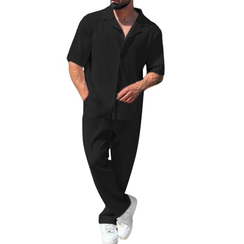 Mens Textured Sets Two Piece Outfit Short Sleeve Button Down Shirts and Trousers Solid Color Costume Everyday Casual Clothing3