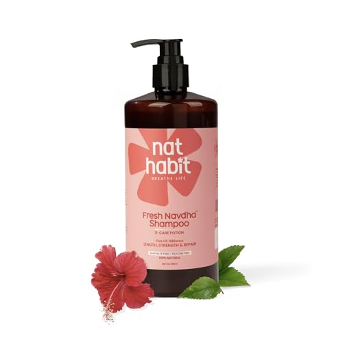 Image of Nat Habit Hibiscus Navdha Shampoo for Hair Growth, Fermented Soy Gentle Cleanser for Long Thick Hair | Natural Shampoo with Amla For Women & Men, Sulfate Free| 650ml
