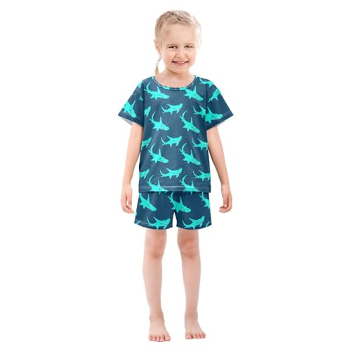 Cartoon Sharks Navy Pajama Set Short Sleeve Summer Pajamas Sleepwear Nightwear Set Cotton 5Y3