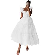 Fivsole Women's Ruffle Sleeve Prom Dress Tulle Long Tea-Length Formal Party Evening Gowns