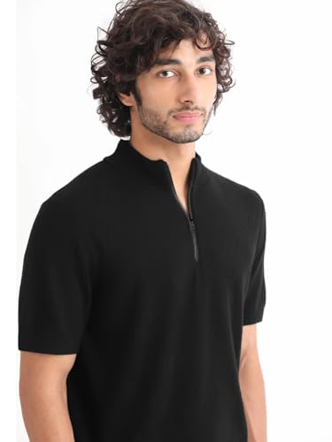 Image of LEOTUDE Men's Polo Zipper Collor Neck Regular Fit Matty Half Sleeve Colourblock Multicolour Tshirts Combo (Colour: Black)