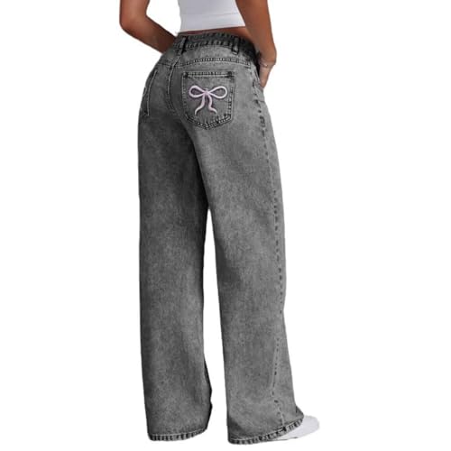 Girls Baggy Jeans Bow Embroidered Wide Leg Denim Pants Y2K High Waist Straight Leg Trousers Streetwear