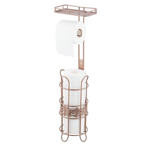 Toilet Paper Holder Free Standing, Adjustable Height, Tissue Paper Roll Dispenser with Shelf for Bathroom Storage Holds Reserve Mega Rolls Red Copper