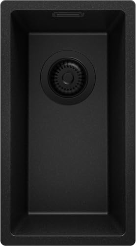 PRIMAGRAN Evier Sous Plan Tout Noir 26x47cm, Evier en Granit 1 bac + Kit de Vidage, Évier al mueble 30cm - London S006
