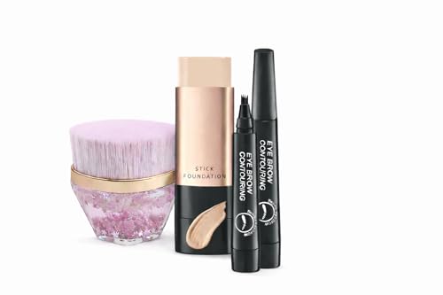 3-in-1 Makeup Set for Women – Stick Foundation, Eyebrow Contouring Pencil & Soft Fluffy Makeup Brush | Natural Finish, Easy Blend | Daily Use & Party Makeup Kit