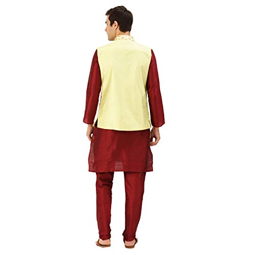 Image of SOJANYA (Since 1958 Men's Cotton Linen Maroon Kurta and White Pyjama with Mustard Cotton Nehru Jacket