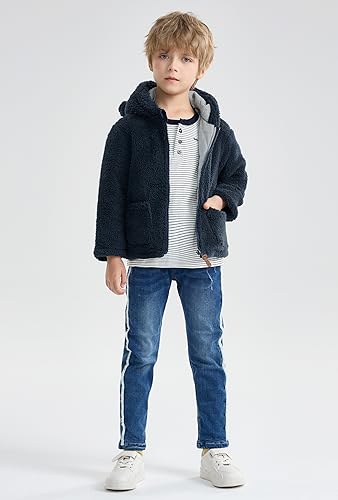 Image of SOLOCOTE Boys Winter Coat Kids Toddler Hooded Fleece Jacket Warm Sherpa Lined Zip Up Sweatshirt