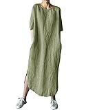 AUDATE Women's Maxi Dress Solid Plus Size Loose Cotton Linen Long Dresses with Pockets, Army Green, 4X-Large