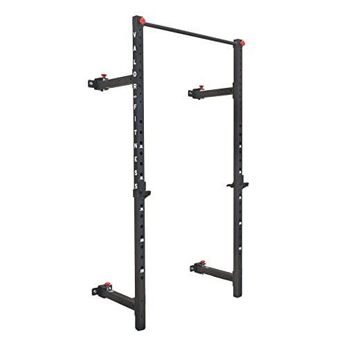 Valor Fitness Squat Rack with Pull Up Bar & J Hook Bar Catch - Wall Mounted & Folding Compact Space Saving - Home Gym Total Body Workout Equipment