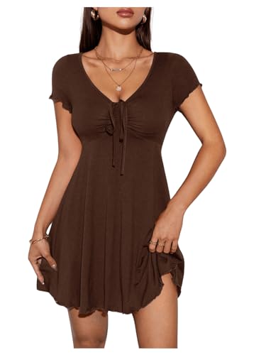 OYOANGLE Women's Summer T-Shirt Dress V Neck Short Sleeve Drawstring Front Ruched A Line Mini Dresses Brown Petite-XXS