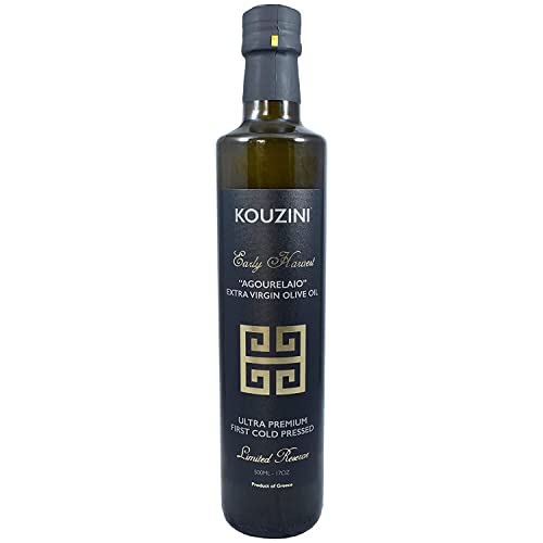Kouzini Early Harvest Raw Unfiltered Agourelaio Extra Virgin Greek Olive Oil, Cold Pressed, Single Origin, High Polyphenol EVOO with Vibrant Flavor & Aroma, 500ml Glass Bottle