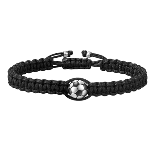 Pulsera de fútbol con dije de aleación y cuerda trenzada negra, diseño de cordón ajustable