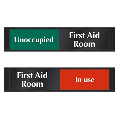 SmartSign First Aid Room Unoccupied/In Use Slider Sign, 2.25" x 10", 60 mil Plastic Plate in Aluminum Frame, Adhesive Backing, Indicator for Clinic/Office/School, Red/Green/Black, USA-Made