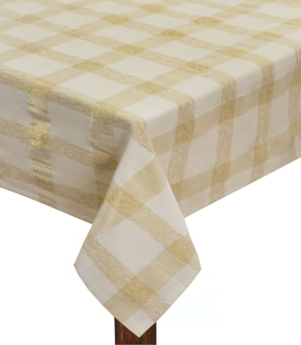 COTTON CRAFT Lurex Plaid Tablecloth - Large 60x102 inches - White Gold