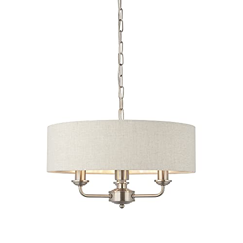 Endon 94361 Classic Modern Highclere 3 Light 40W E14 LED Height Adjustable Pendant Ceiling Light in Brushed Chrome & Natural Linen Shade