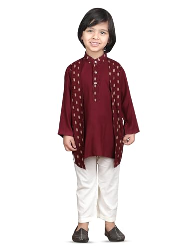 Image of POLKA TOTS Boys Cotton Ethnic Kurta Pajama Set with Attached Koti | Ethnic Motif Wear Kids Kurta Pyjama for Boys & Toddlers | Traditional Dress for Weddings & Festivals | Festive Jubba Set for Babies