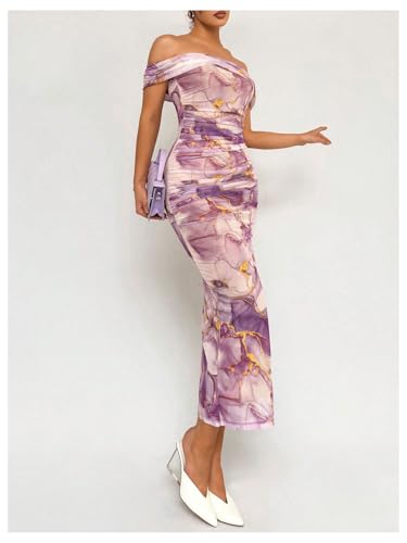 Image of Floerns Women's Floral Print Off Shoulder Short Sleeve Ruched Bodycon Long Dress
