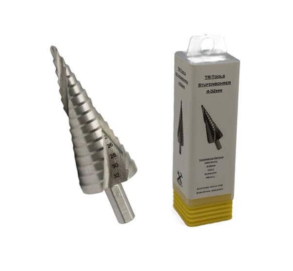 TR-TOOLS HSS Stufenbohrer, 15 Stufen, 4-32mm Durchmesser, für Holz, Kunststoff und Metall, Kegelbohrer mit Präzisionsstufen