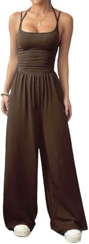 Wide Leg Workout Jumpsuits for Women Going Out Fit and Flare Romper Strappy Spaghetti Strap Overalls
