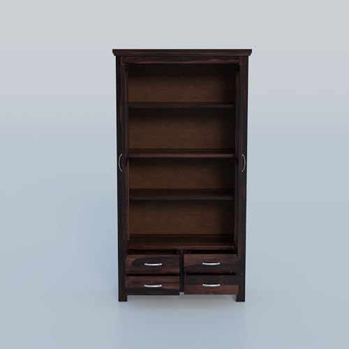 Image of Krishna Wood Decor Wood Big Book Shelf for Home Library | Wooden Bookshelf Cabinet with Acrylic Glass Door Storage | Home Furniture Crockery Kitchen Cabinet | Books Rack for Shelves | Walnut Finish