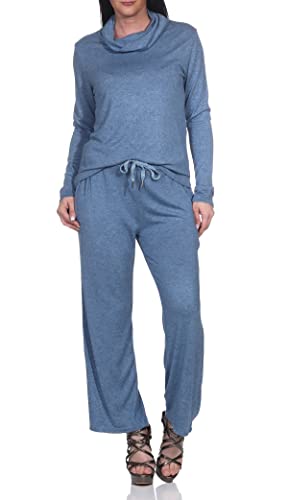 Mississhop Ensemble de tricot en laine pour femme avec pull pantalon et pull en tricot à capuche, Bleu jean (modèle 1), taille unique Cover