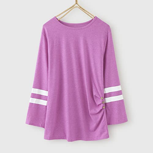 Camisetas femininas casuais de manga comprida gola redonda solta listrado moletom pulôver tops color