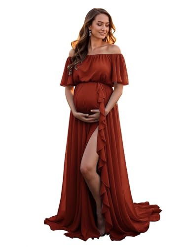 Verngo Chiffon Maternity Dress for Photoshoot Off Shoulder Half Sleeve Ruffle Slit Baby Shower Bridal Pregnancy Gown