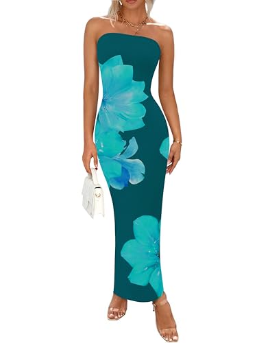 Image of PRETTYGARDEN Women Summer Strapless Maxi Dress Bodycon Floral Sexy Long Wedding Guest Dress Formal Tube Mesh Cocktail Dresses