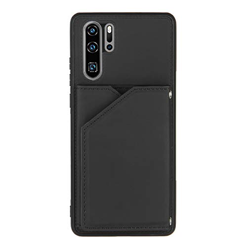 PU Leather Wallet Case for Huawei P30 Pro, Black Card Holder Flip Leather Cover Snap Button Case Soft Touch with Lanyard Strap External Purse Kickstand Shockproof Skin Case for Huawei P30 Pro