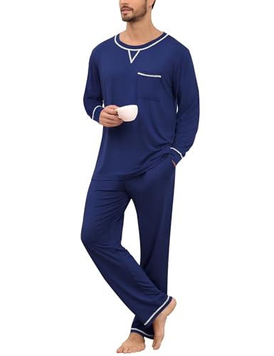 SWOMOG Mens Pajamas Set Modal Long Sleeve Sleepwear Crew Neck Pjs 2 Piece Loungewear Nightshirt Top & Pants with Pockets2