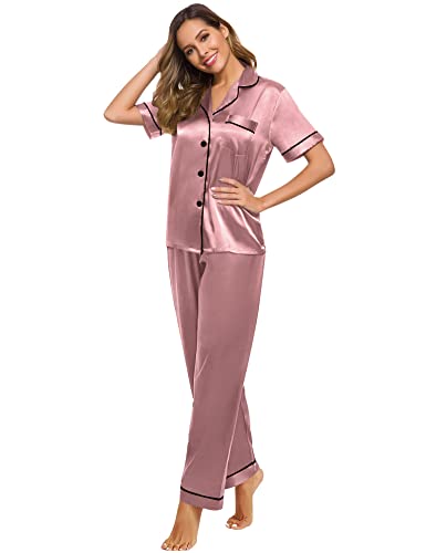 Image of SWOMOG Women Satin Pajamas Set Short Sleeve Top & Pants Sleepwear Silky Button Down Nightwear 2pcs Loungewear Pjs Set