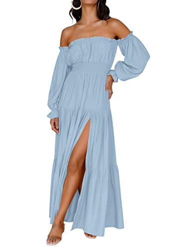 ZESICA Women's 2023 Boho Sexy Off Shoulder Long Sleeve Smocked High Waist Side Split Flowy A Line Tiered Long Maxi Dress,LightBlue,Small ZESICA Women's 2023 Boho Sexy Off Shoulder Long Sleeve Smocked High Waist Side Split Flowy A Line Tiered Long Maxi Dress,LightBlue,Small