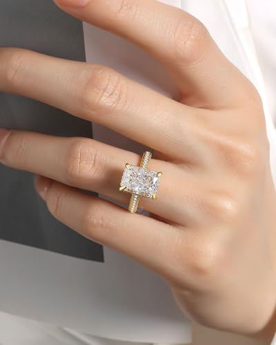 4.5CT Radiant Cut Engagement Rings,Crushed Iced Radiant Cut Rings for Women,Simulated Diamond Ring,925 Sterling Silver Ring in 18K Yellow Gold Plated4