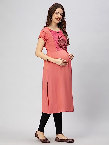 Image of CEE 18 Women's Cotton Rayon Straight Maternity Feeding Kurti for Feeding with Zippers(9653 46,Peppy Pink,3XL)