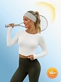 Fisoew Damska koszulka sportowa UPF 50+, ochrona przed słońcem, długi rękaw, okrągły dekolt, koszulka do jogi, oddychająca, slim fit, beżowy, S