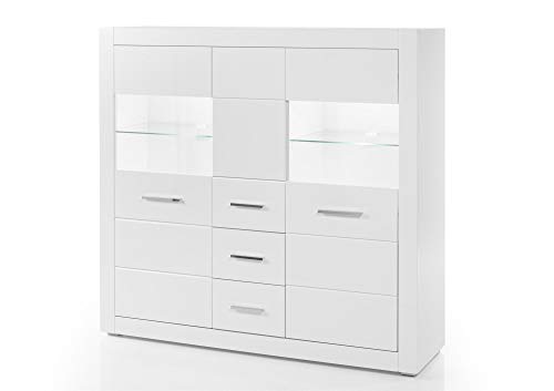 Design-Wohngalerie Highboard Bianco III - Korpus Weiß Mattlack/Front MDF Weiß Hochglanz Cover