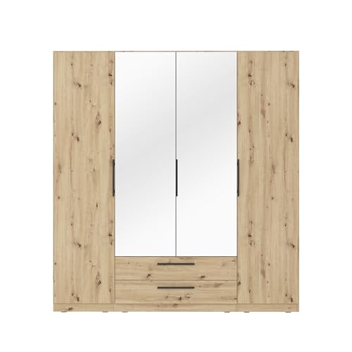 FORTE CADIXO Kleiderschrank 200, moderner Kleiderschrank Skandi Stil, 4-türig, 2 Schubladen, Spiegelfront, Holzwerkstoff, Artisan Eiche Holzdekor, 200,3 cm breit x 212,9 cm hoch x 58,9 cm tief FORTE CADIXO Kleiderschrank 200, moderner Kleiderschrank Skandi Stil, 4-türig, 2 Schubladen, Spiegelfront, Holzwerkstoff, Artisan Eiche Holzdekor, 200,3 cm breit x 212,9 cm hoch x 58,9 cm tief