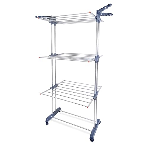 LiMETRO STEEL Stainless Steel Double Pole 3 Layer Stainless Steel Cloth Drying Stand with Hanger, 42x15x68 cm