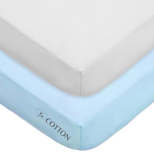 Image of American Baby Company 2 Pack Fitted Crib Sheets 52x28 inch, Blue and White | 100% Natural Cotton Crib and Toddler Bed Sheets, Soft, Breathable & Hypoallergenic, Gentle on Skin, Neutral for Boys & Girls