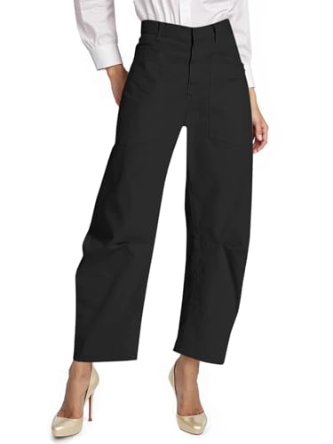 Cicy Bell Womens Baggy Barrel Horseshoe Pants Casual High Waisted Button Trousers with Front Pockets