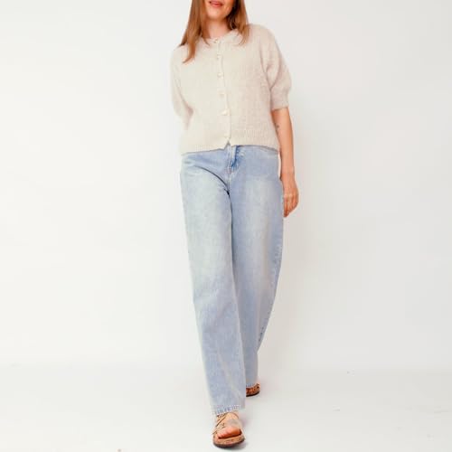 Image of Womens Button Up Short Sleeve Cardigans Sweater Cropped Lightweight Round Neck Elegant Knit Tops with Pockets