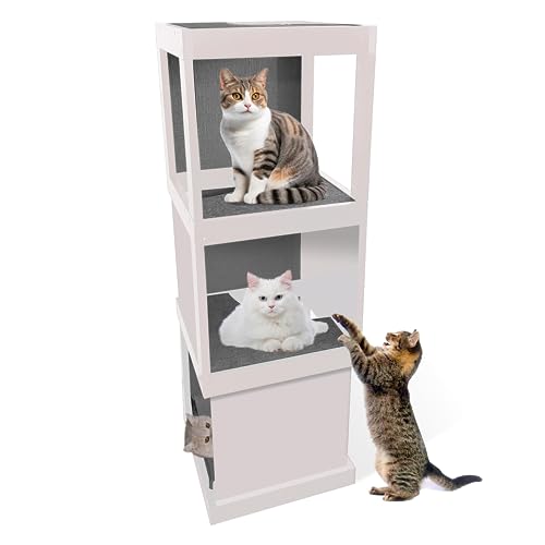 Skywin Modern Cat Tower Scratching Post White/Grey - Climbing Tower Great for Stand, House, or Scratcher - Unique Tree with Sisal Scratch Pads & Soft Felt Pads